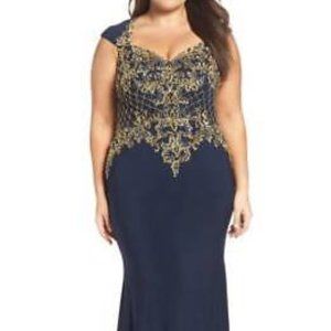 MAC DUGGAL EMBELLISHED JERSEY MERMAID MIDNIGHT NAVY GOWN DRSS sz 16W